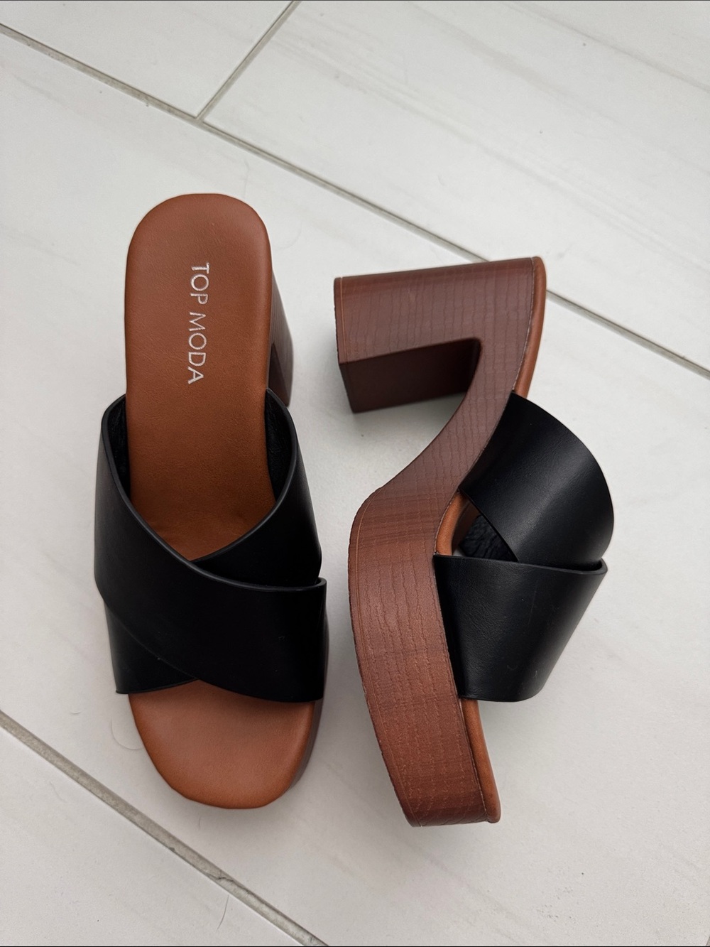Black Leather Platform Chunky Mules